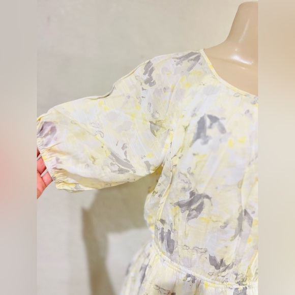 Nine West Yellow White Gray Floral Print Short Sleeve Peasant Dress Size M - Picture 2 of 16